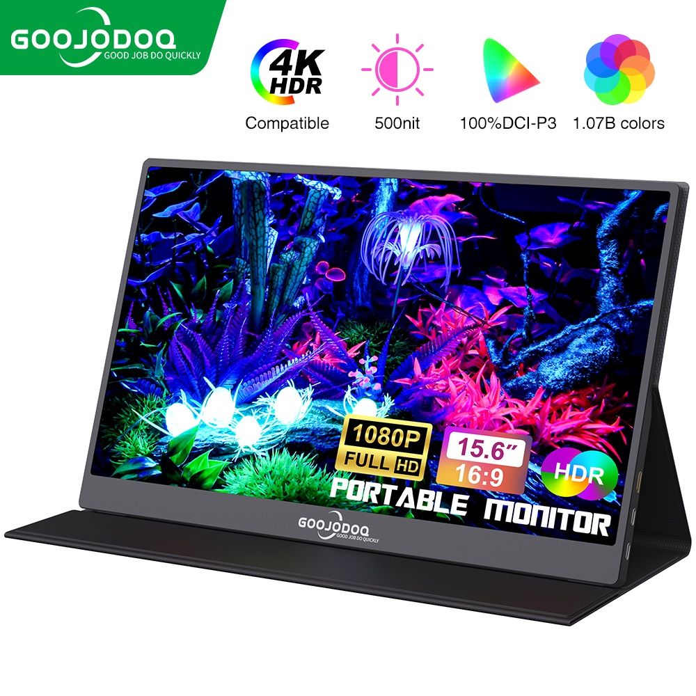 GOOJODOQมอนิเตอร์ แบบพกพา สําหรับแล็ปท็อป 15.6 นิ้ว 1920*1080P FHD IPS USB-C HDMI สําหรับ iPad Mac