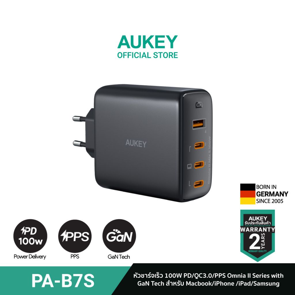 AUKEY PA-B7S หัวชาร์จเร็ว 100W Omnia II Series With GaN3 Tech สำหรับ iPhone,Android,Laptop เทคโนโลยี, PD รุ่น PA-B7S