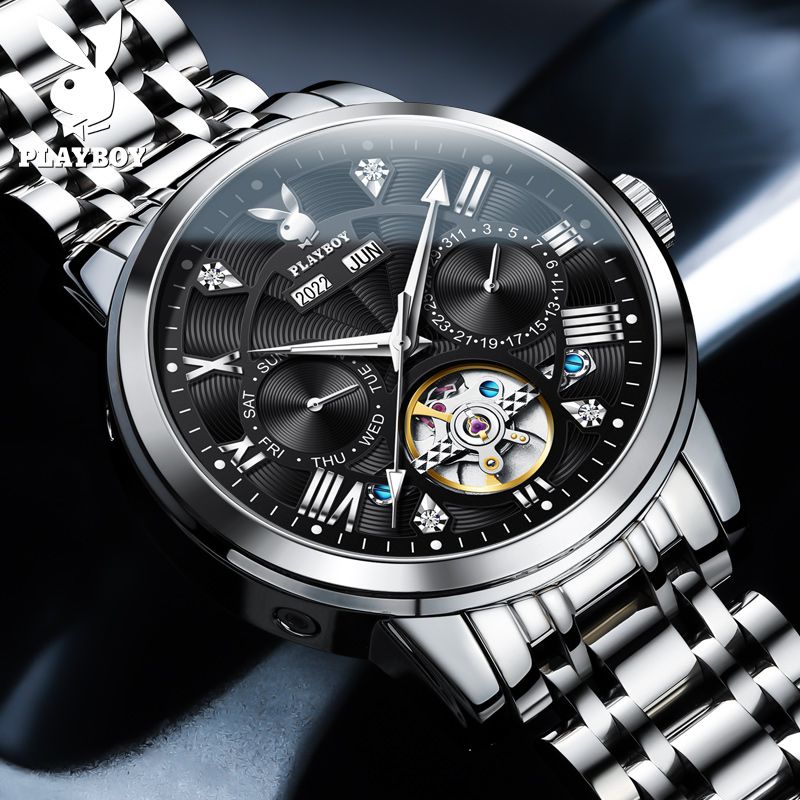 PLAYBOY นาฬิกาผู้ชายแท้ เครื่องกลอัตโนมัติ นาฬิกาข้อมือกันน้ำ สายสเตนเลส รับประกัน 3 ปี
